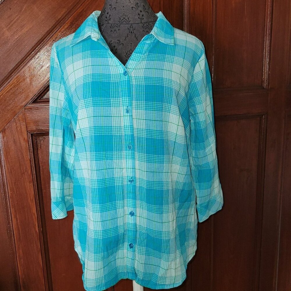 Christopher & Banks Blue Plaid Shirt 3/4 Sleeve Women's Size Medium - Picture 1 of 4